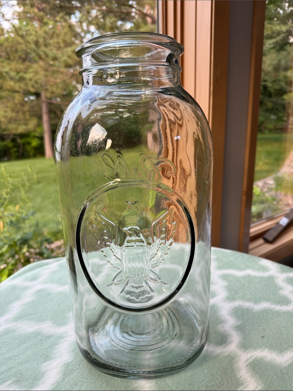 Vintage Ball Ideal Clear Glass Mason Jar with Eagle Shield Emblem 15” tall